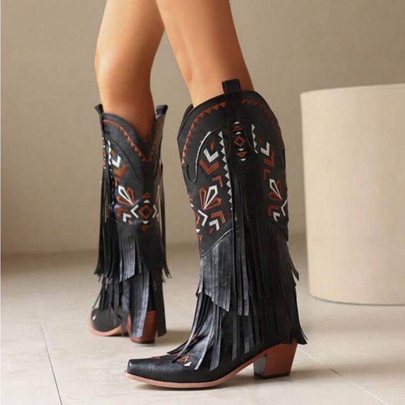 Cowgirl Western Boots Fringe Tassel Chunky High Heels Mid Calf Slip On - Picture 3 of 5